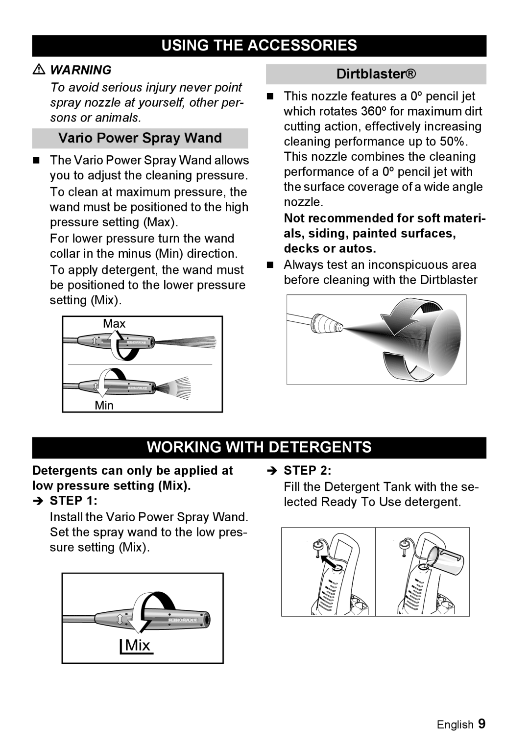 Karcher K 3.67 M manual Using the Accessories, Working with Detergents, Vario Power Spray Wand, Dirtblaster 