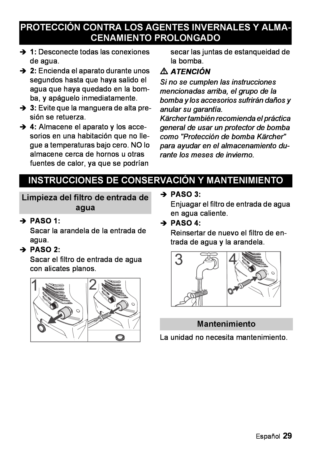 Karcher K 3.67 M manual Protección Contra Los Agentes Invernales Y Alma, Cenamiento Prolongado, Mantenimiento, Îpaso 