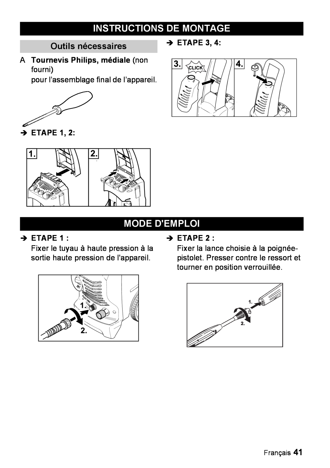 Karcher K 3.67 M manual Instructions De Montage, Mode Demploi, Outils nécessaires, A Tournevis Philips, médiale non fourni 