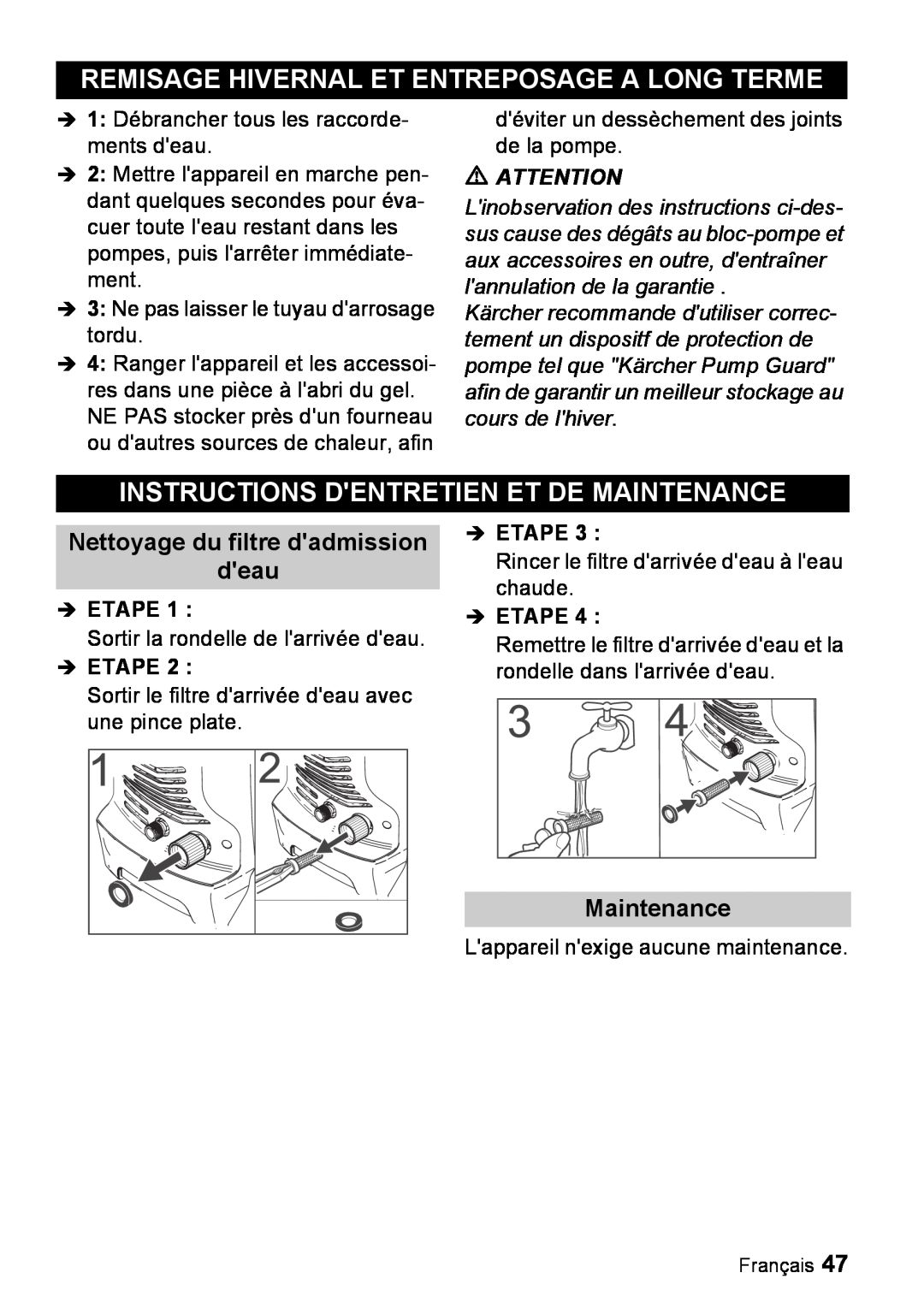 Karcher K 3.67 M manual Remisage Hivernal Et Entreposage A Long Terme, Instructions Dentretien Et De Maintenance, Îetape 