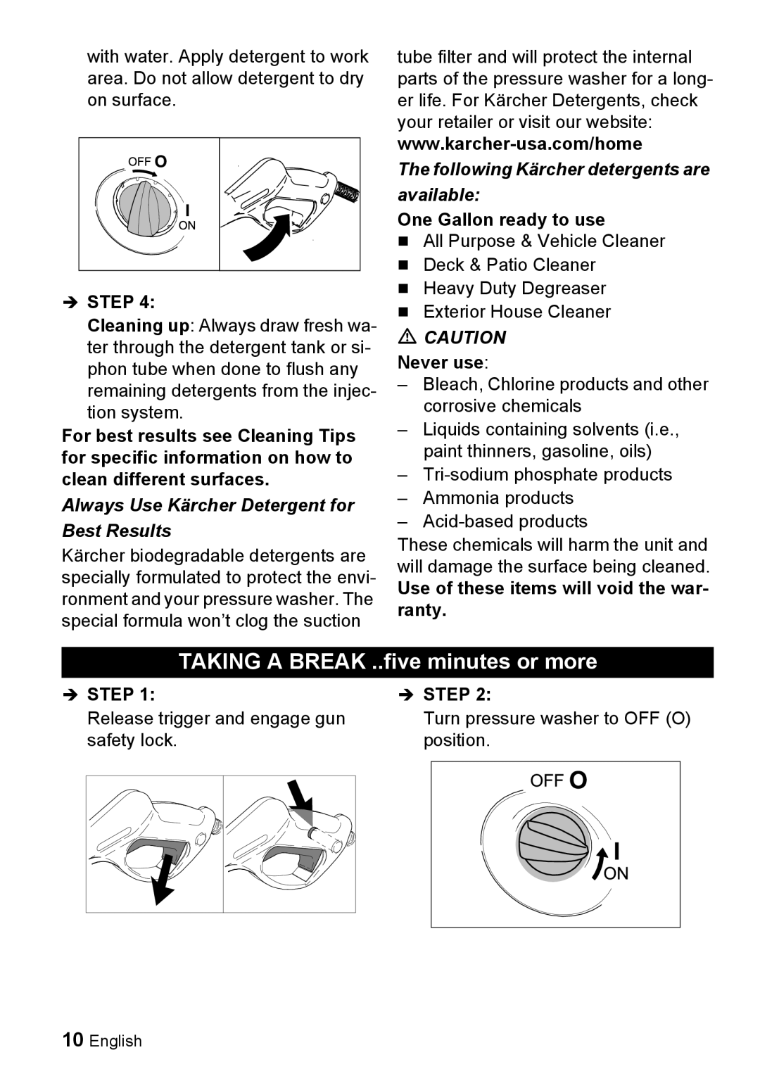 Karcher K 3.68 M manual One Gallon ready to use, Never use, Use of these items will void the war- ranty 