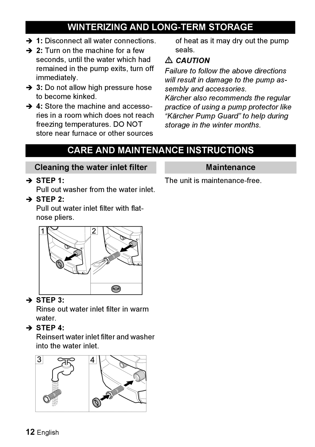 Karcher K 3.68 M manual Winterizing and LONG-TERM Storage, Care and Maintenance Instructions, Step 