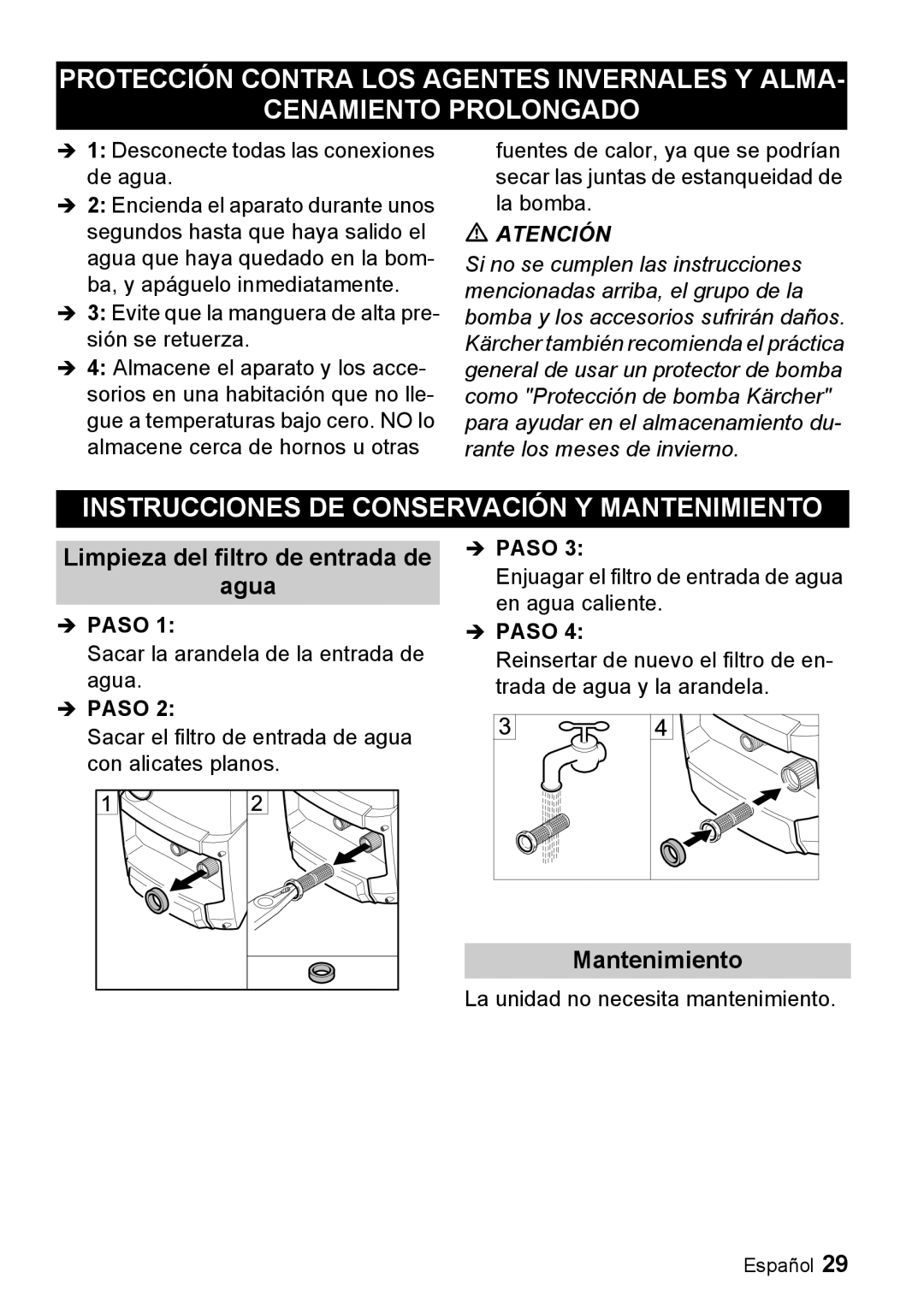 Karcher K 3.68 M manual Instrucciones DE Conservación Y Mantenimiento, Limpieza del filtro de entrada de Agua 