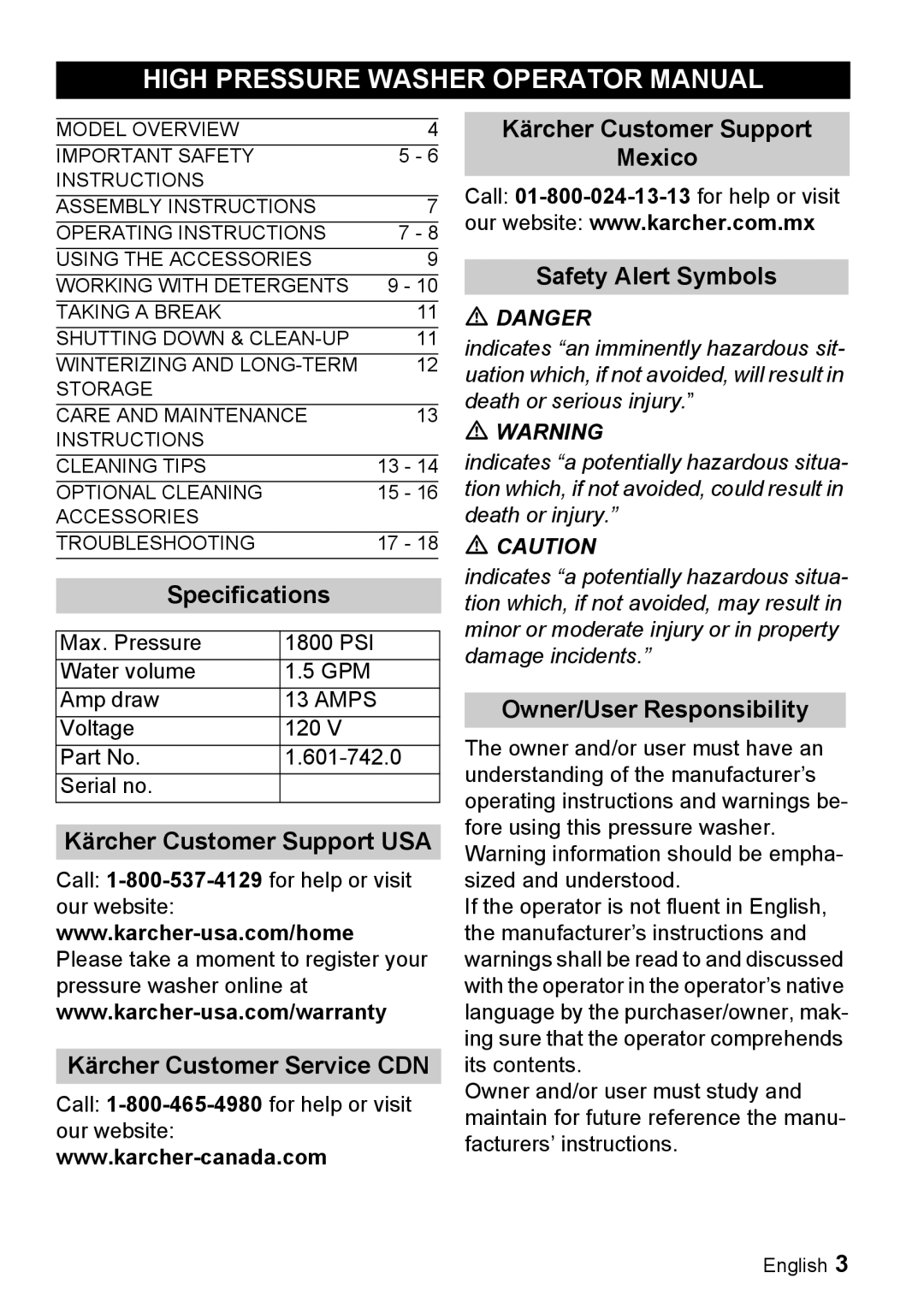 Karcher K 3.68 M High Pressure Washer Operator Manual, Specifications, Safety Alert Symbols, Owner/User Responsibility 