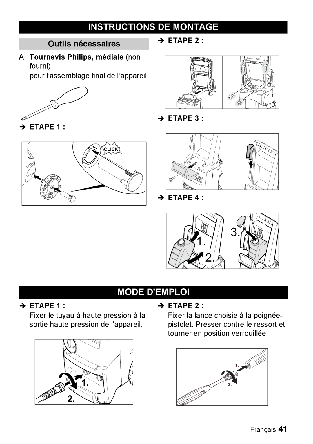 Karcher K 3.68 M manual Instructions DE Montage, Mode Demploi, Outils nécessaires, Tournevis Philips, médiale non fourni 