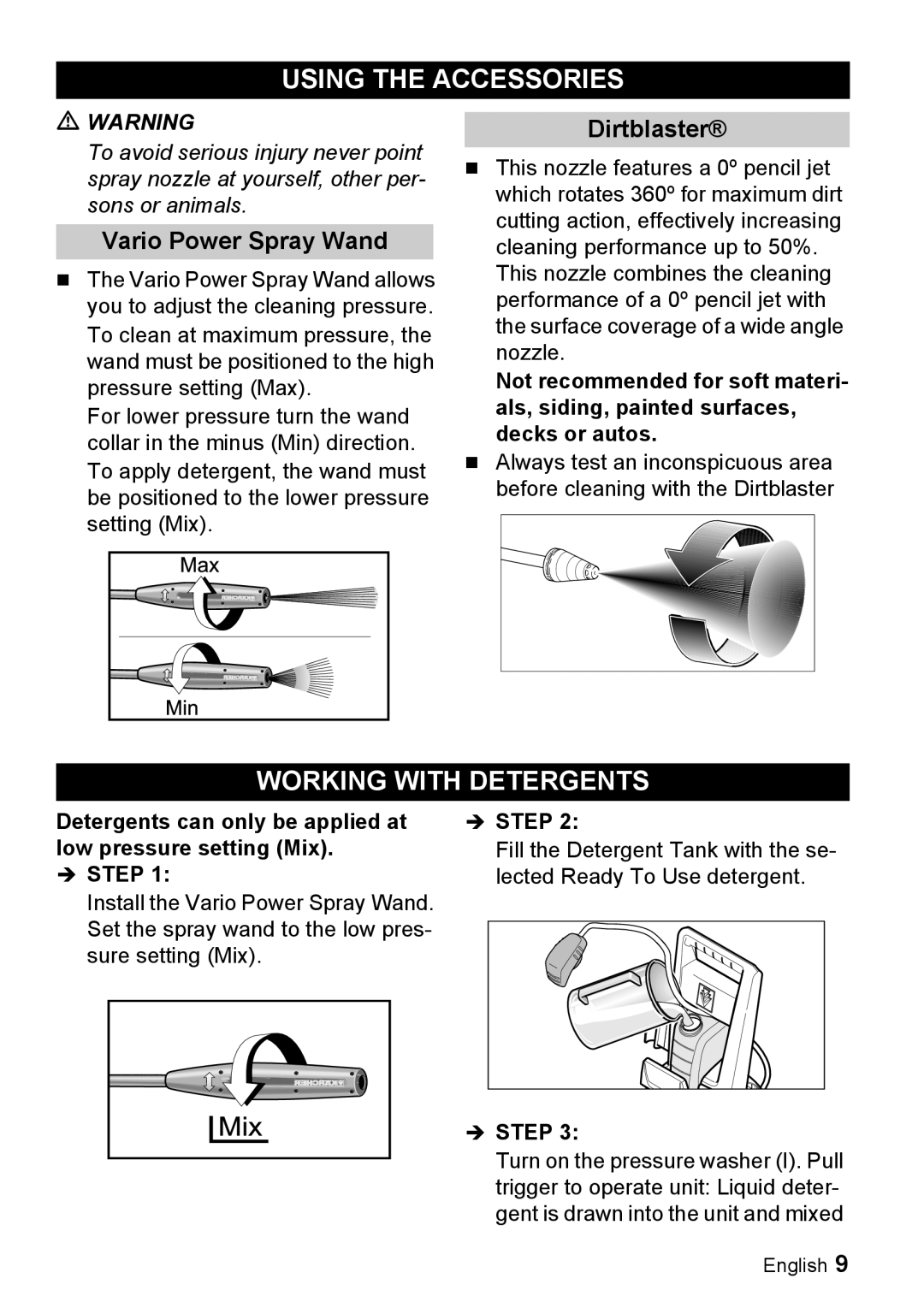 Karcher K 3.68 M manual Using the Accessories, Working with Detergents, Vario Power Spray Wand, Dirtblaster 