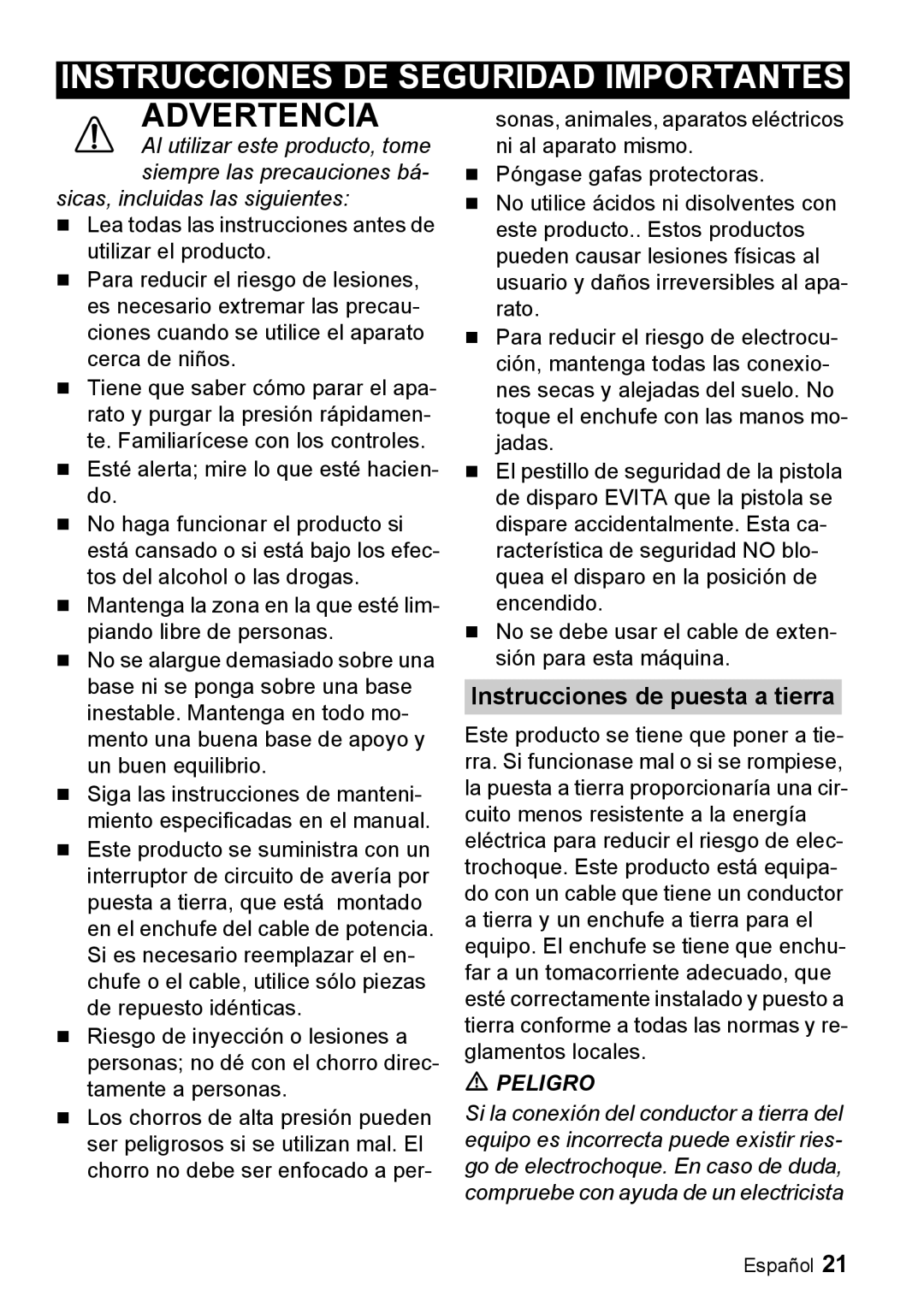 Karcher K 3.68 M manual Instrucciones De Seguridad Importantes, Advertencia, Instrucciones de puesta a tierra 