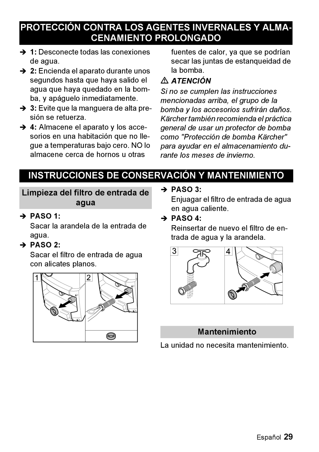 Karcher K 3.68 M manual Protección Contra Los Agentes Invernales Y Alma, Cenamiento Prolongado, Mantenimiento, Îpaso 