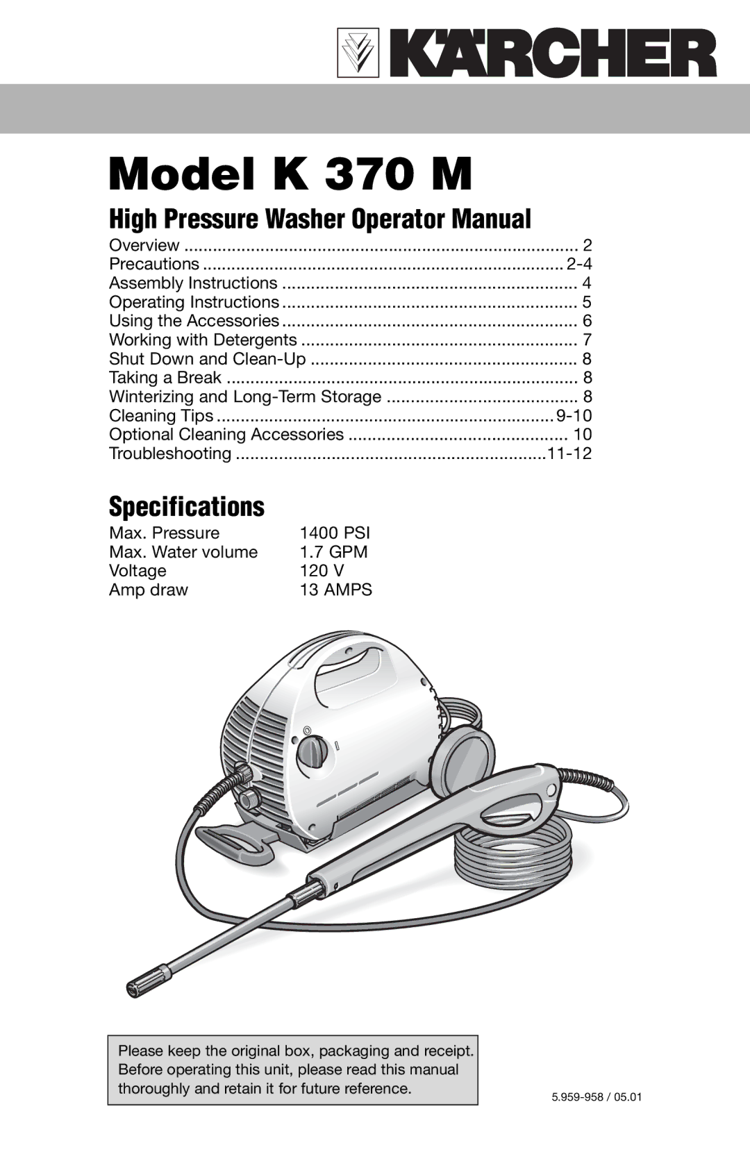 Karcher specifications Model K 370 M 