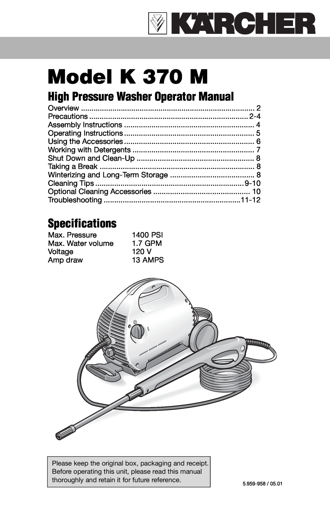 Karcher specifications High Pressure Washer Operator Manual, Model K 370 M, Specifications 