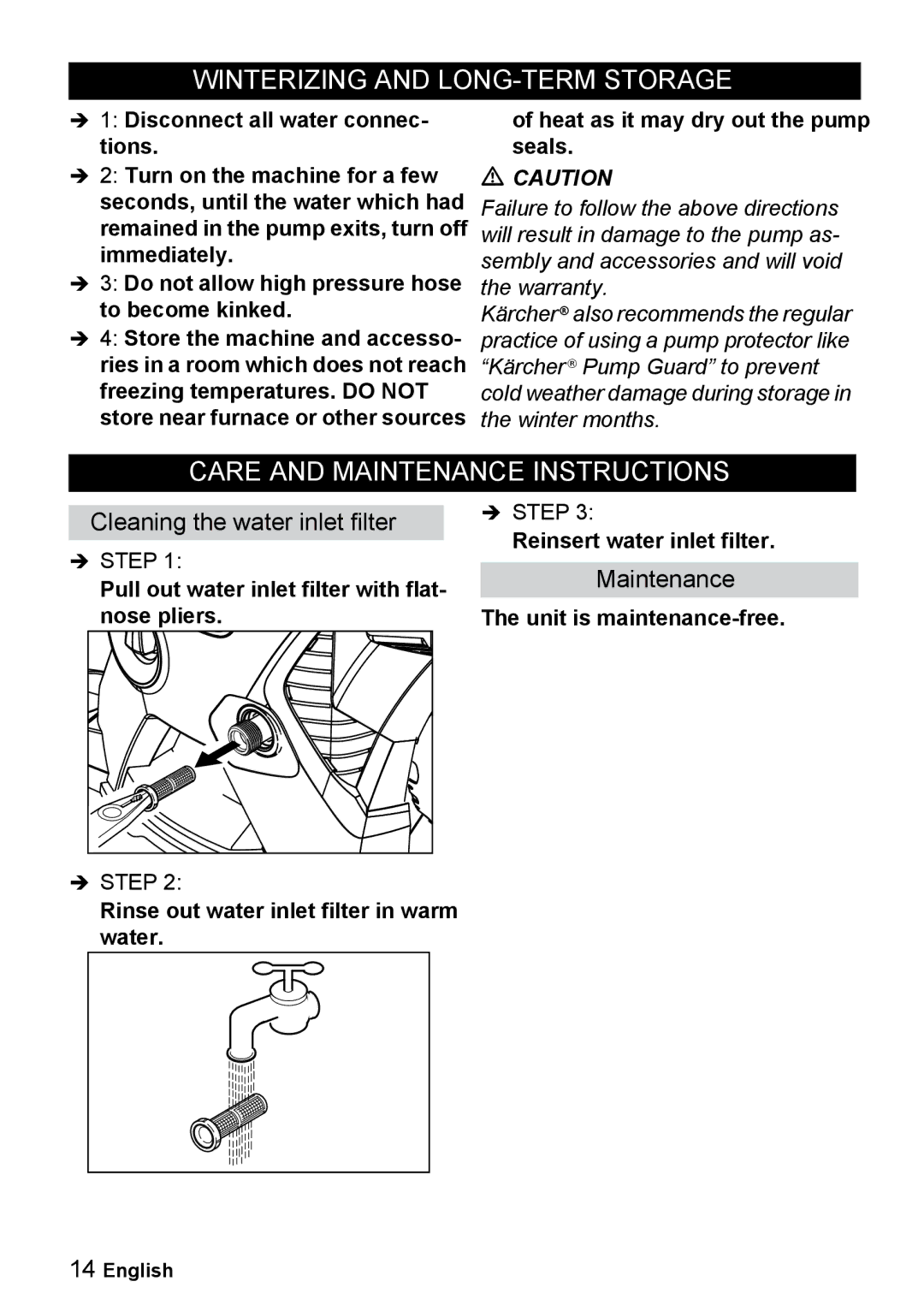 Karcher K 3.740 Winterizing and LONG-TERM Storage, Care and Maintenance Instructions, Cleaning the water inlet filter 