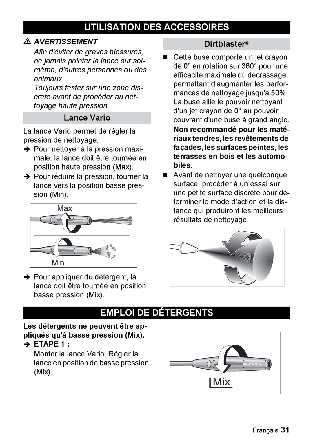 Karcher K 3.740 manuel dutilisation Utilisation DES Accessoires, Emploi DE Détergents, Lance Vario 