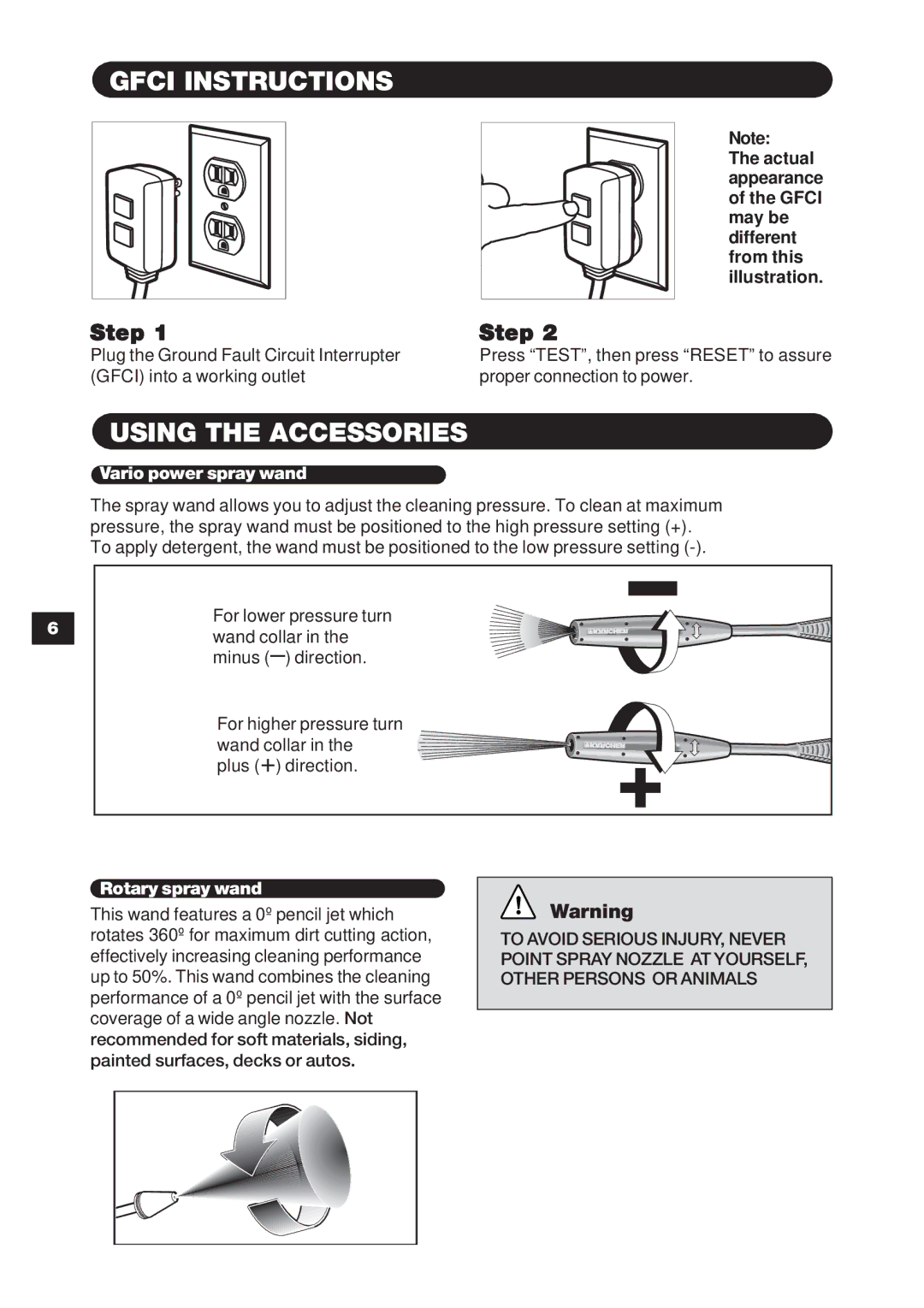 Karcher K 3.78 specifications Gfci Instructions, Using the Accessories 