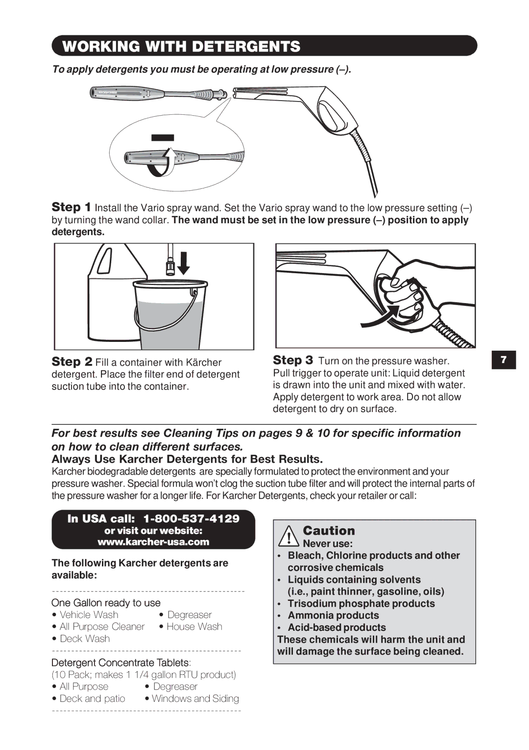 Karcher K 3.78 specifications Working with Detergents, Always Use Karcher Detergents for Best Results 