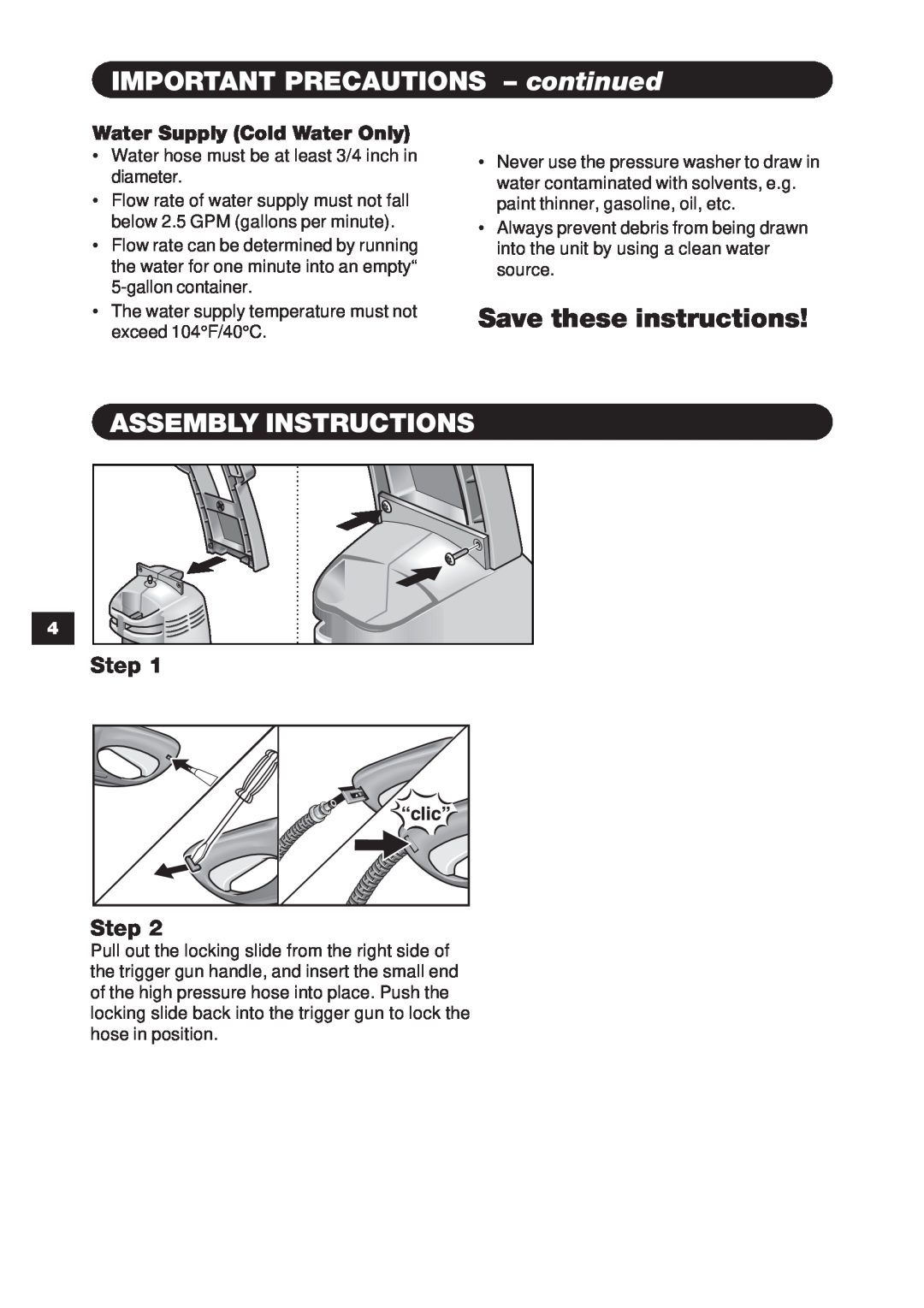 Karcher K 3.78 specifications IMPORTANT PRECAUTIONS – continued, Save these instructions, Assembly Instructions, Step Step 