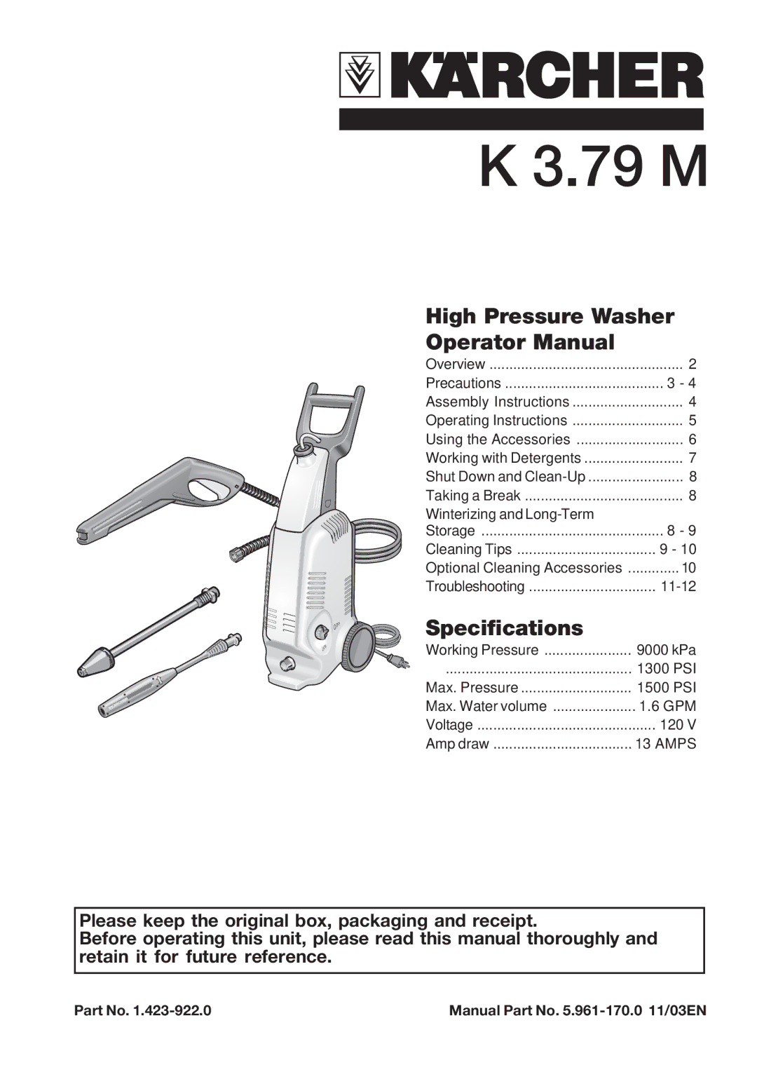 Karcher K 3.79 M specifications 