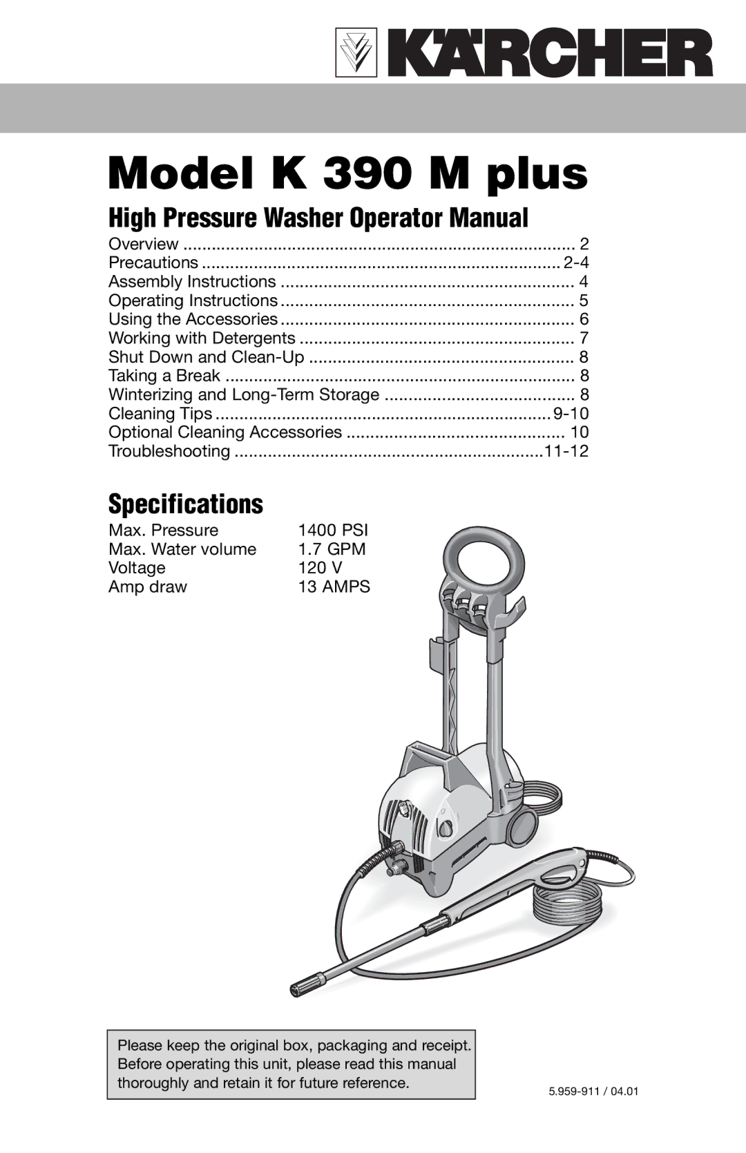 Karcher specifications Model K 390 M plus 