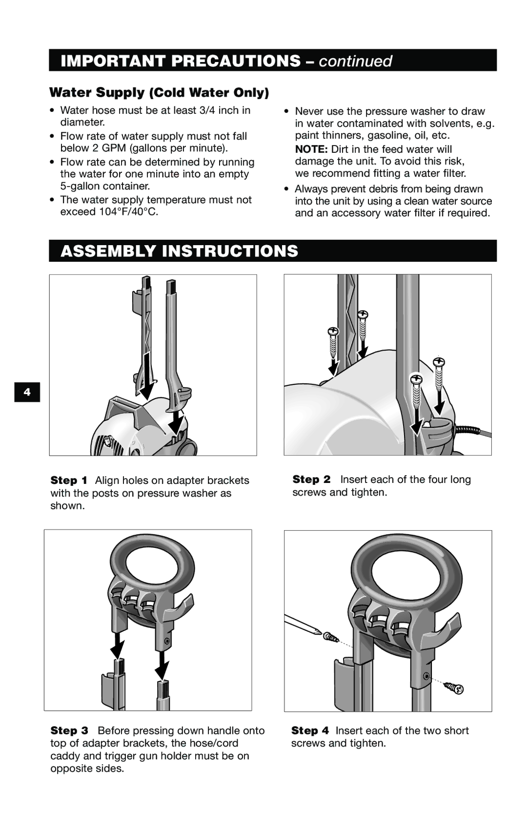 Karcher K 390 M specifications Important Precautions, Assembly Instructions, Water Supply Cold Water Only 