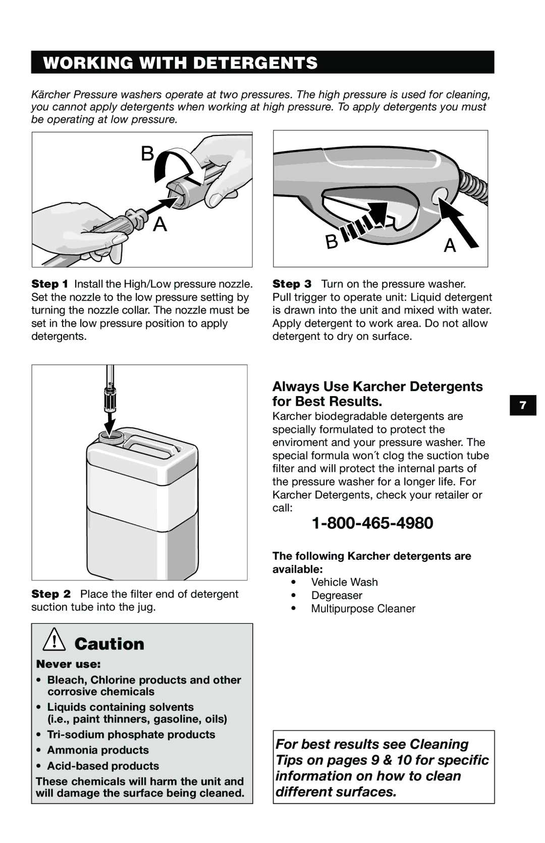 Karcher K 390 M specifications Working with Detergents, Always Use Karcher Detergents for Best Results 