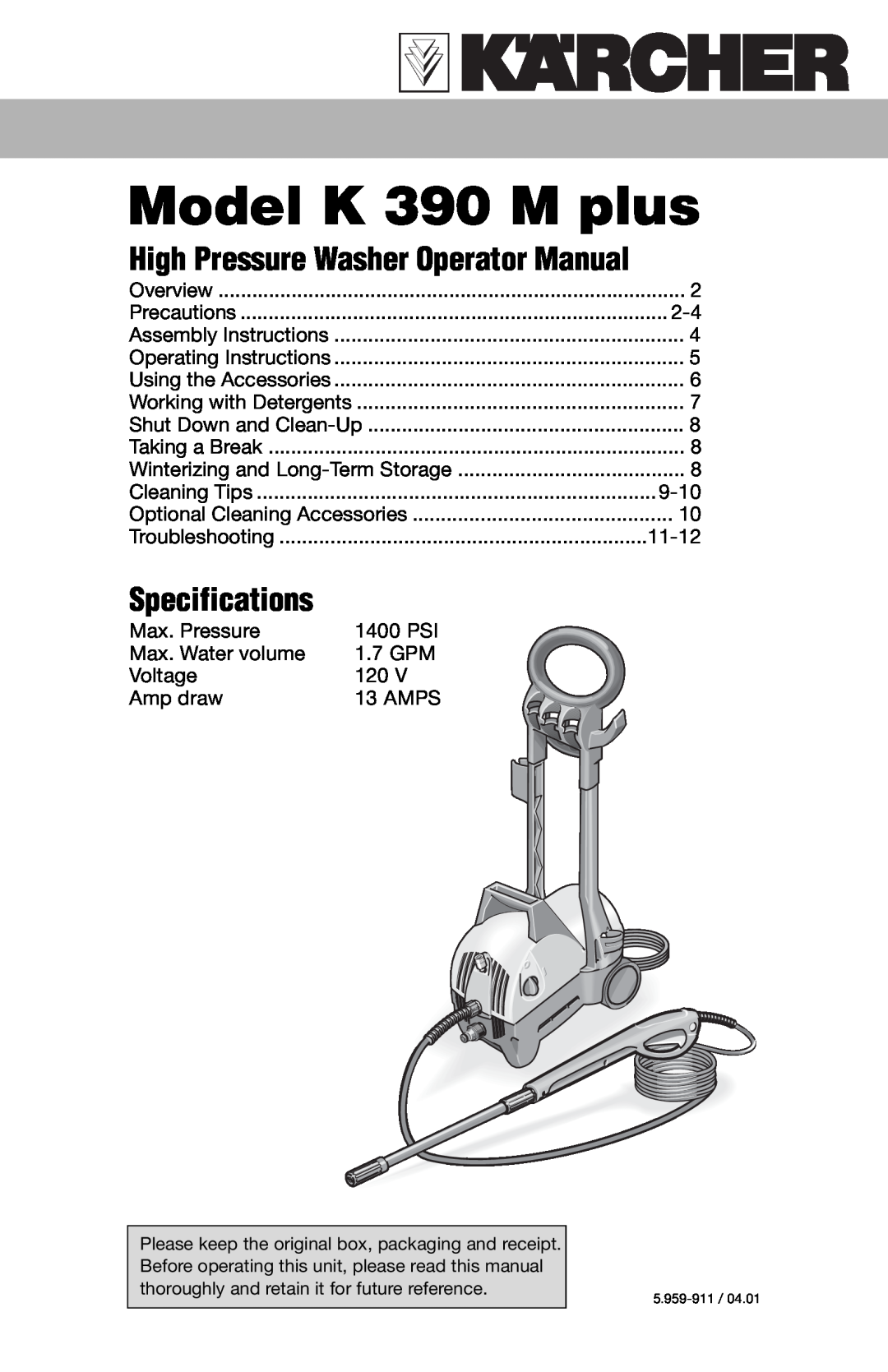 Karcher specifications High Pressure Washer Operator Manual, Model K 390 M plus, Specifications 