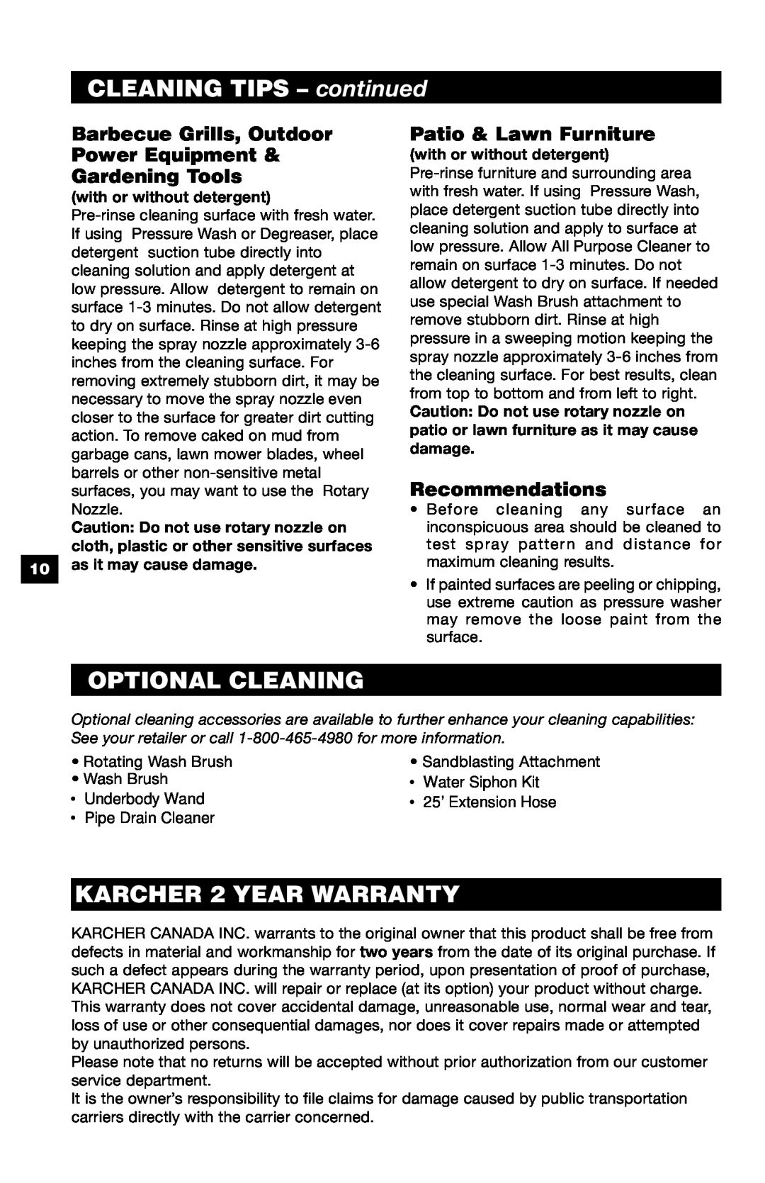Karcher K 390 M CLEANING TIPS - continued, Optional Cleaning, KARCHER 2 YEAR WARRANTY, Patio & Lawn Furniture 