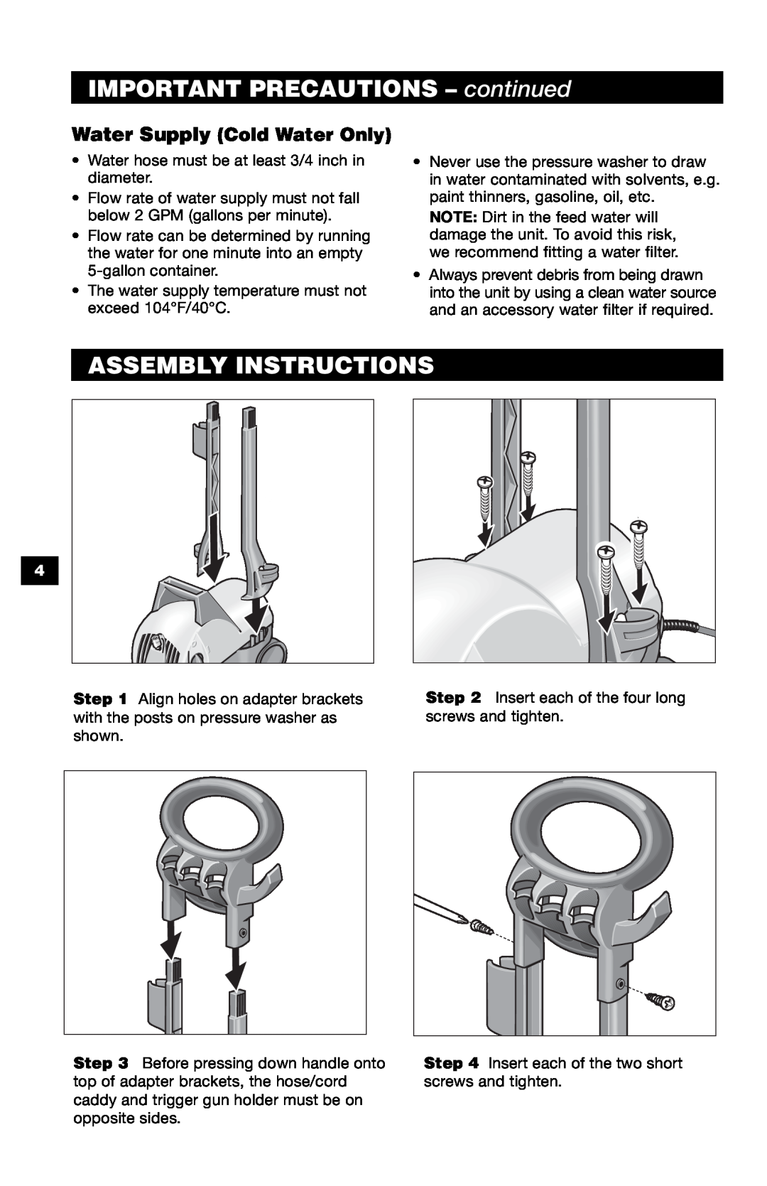 Karcher K 390 M specifications IMPORTANT PRECAUTIONS - continued, Assembly Instructions, Water Supply Cold Water Only 