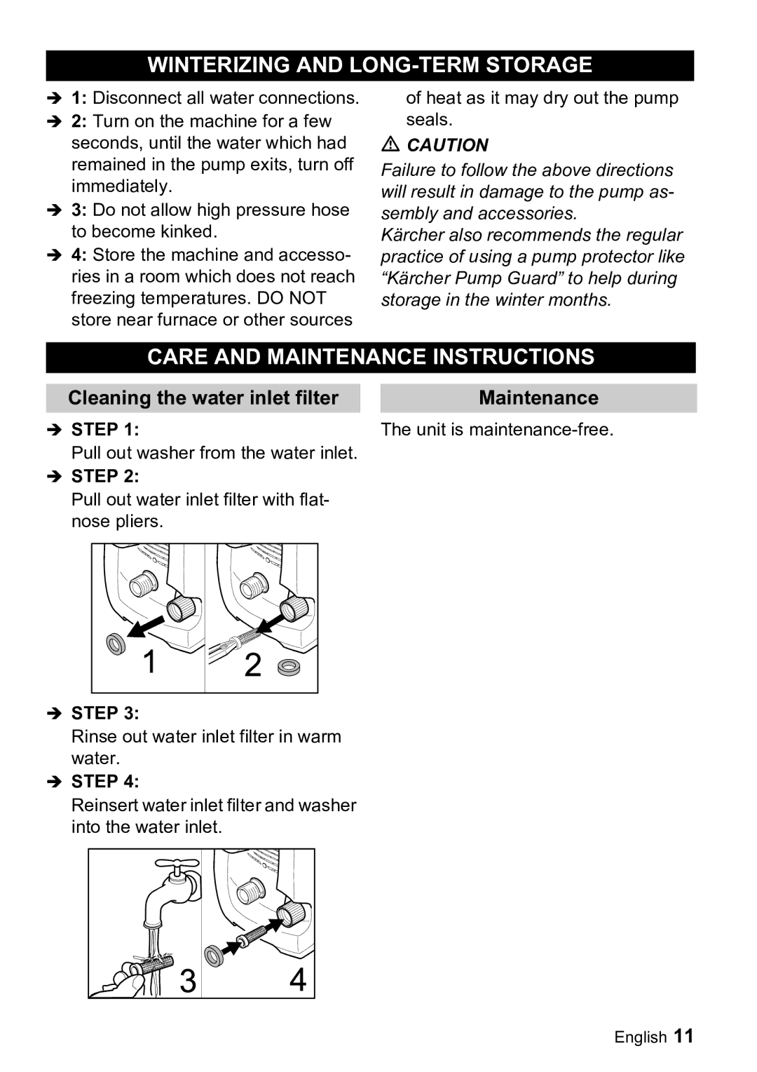 Karcher K 3.91 M Winterizing and LONG-TERM Storage, Care and Maintenance Instructions, Cleaning the water inlet filter 