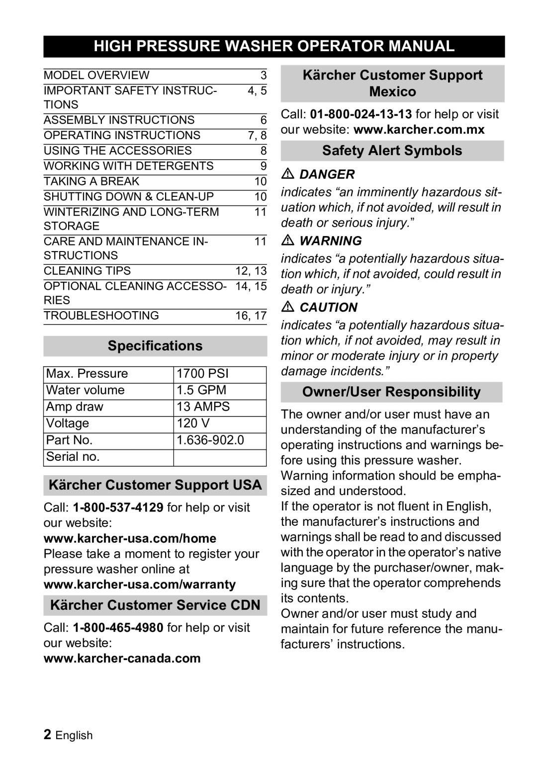 Karcher K 3.91 M High Pressure Washer Operator Manual, Specifications, Safety Alert Symbols, Owner/User Responsibility 