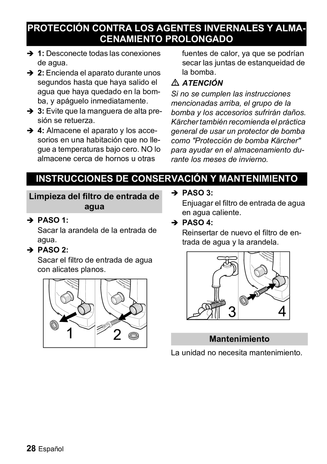 Karcher K 3.91 M manual Instrucciones DE Conservación Y Mantenimiento, Limpieza del filtro de entrada de Agua 