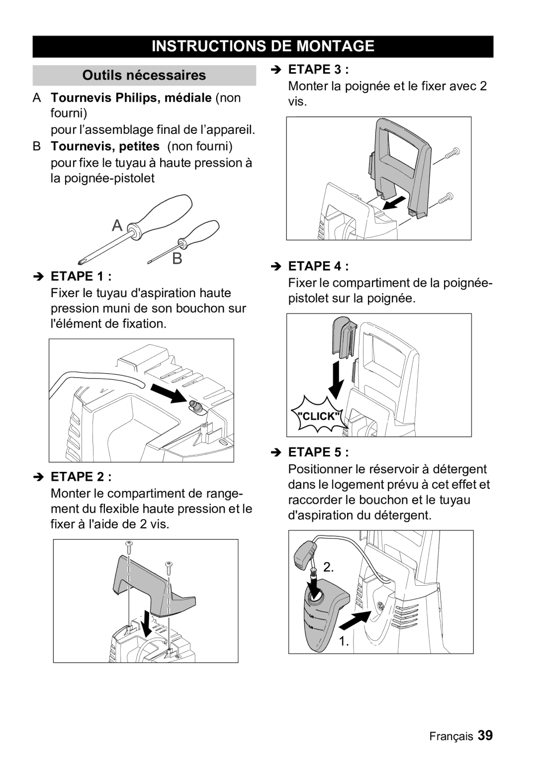 Karcher K 3.91 M manual Instructions DE Montage, Outils nécessaires, Tournevis Philips, médiale non fourni 