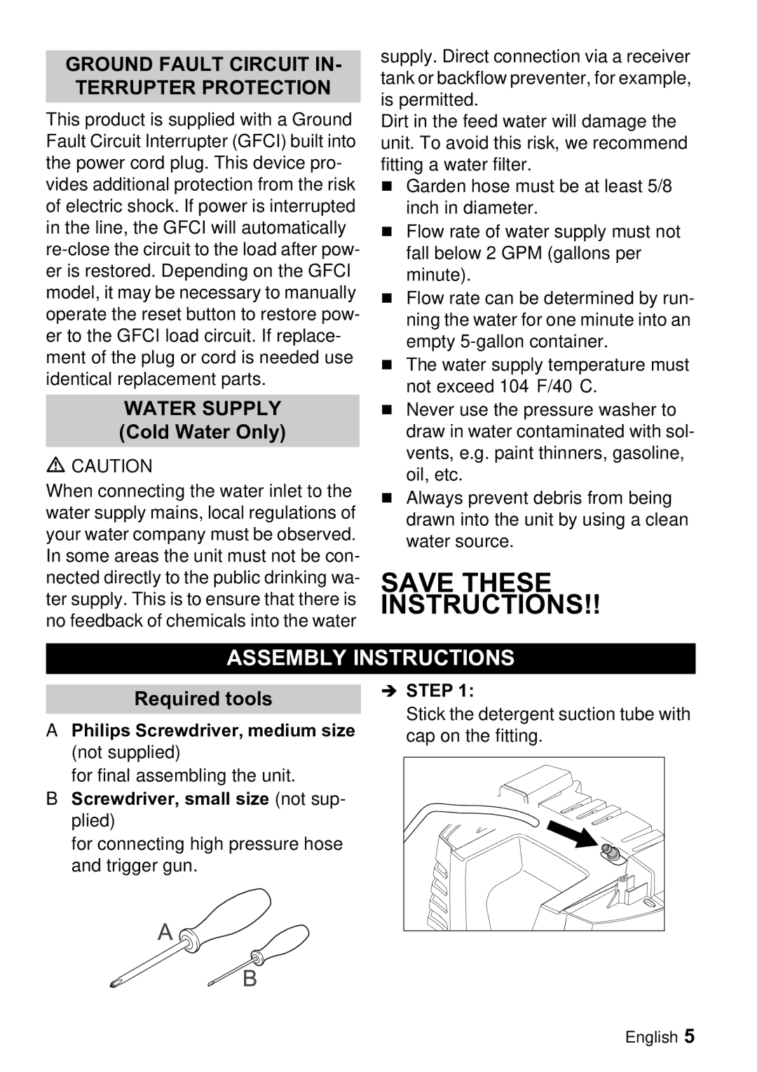 Karcher K 3.91 M manual Assembly Instructions, Water Supply Cold Water Only, Required tools 