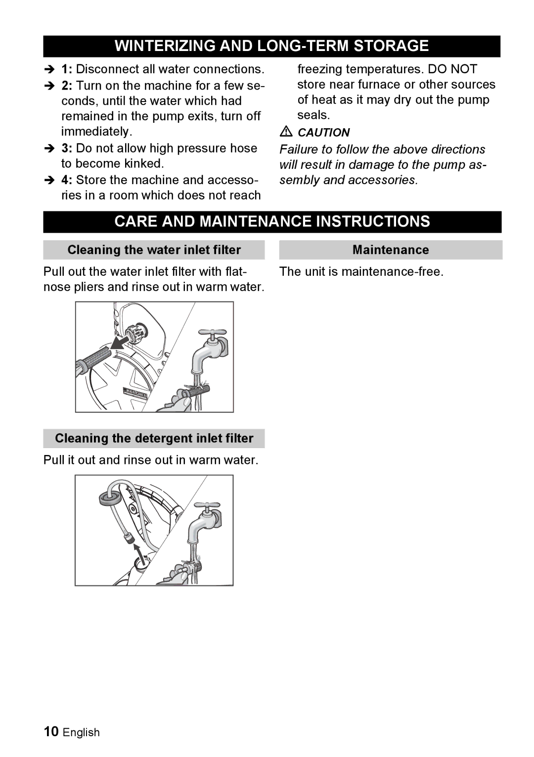 Karcher K 3.92 M Winterizing and LONG-TERM Storage, Care and Maintenance Instructions, Cleaning the detergent inlet filter 