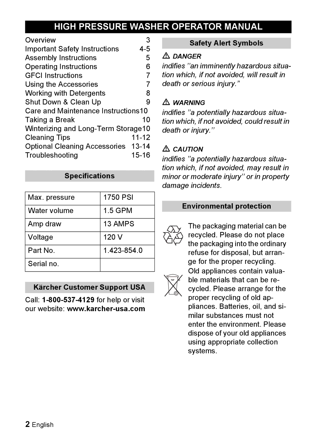 Karcher K 3.92 M High Pressure Washer Operator Manual, Specifications, Kärcher Customer Support USA, Safety Alert Symbols 