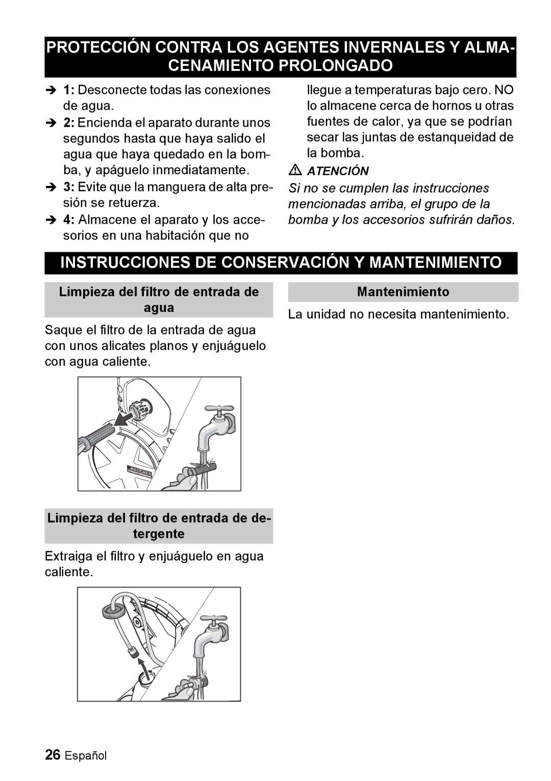 Karcher K 3.92 M manual Instrucciones DE Conservación Y Mantenimiento, Limpieza del filtro de entrada de Agua 