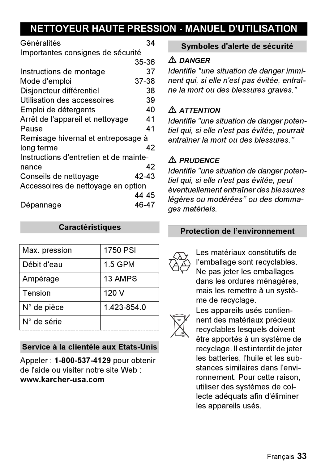 Karcher K 3.92 M manual Nettoyeur Haute Pression Manuel Dutilisation, Symboles dalerte de sécurité, Caractéristiques 