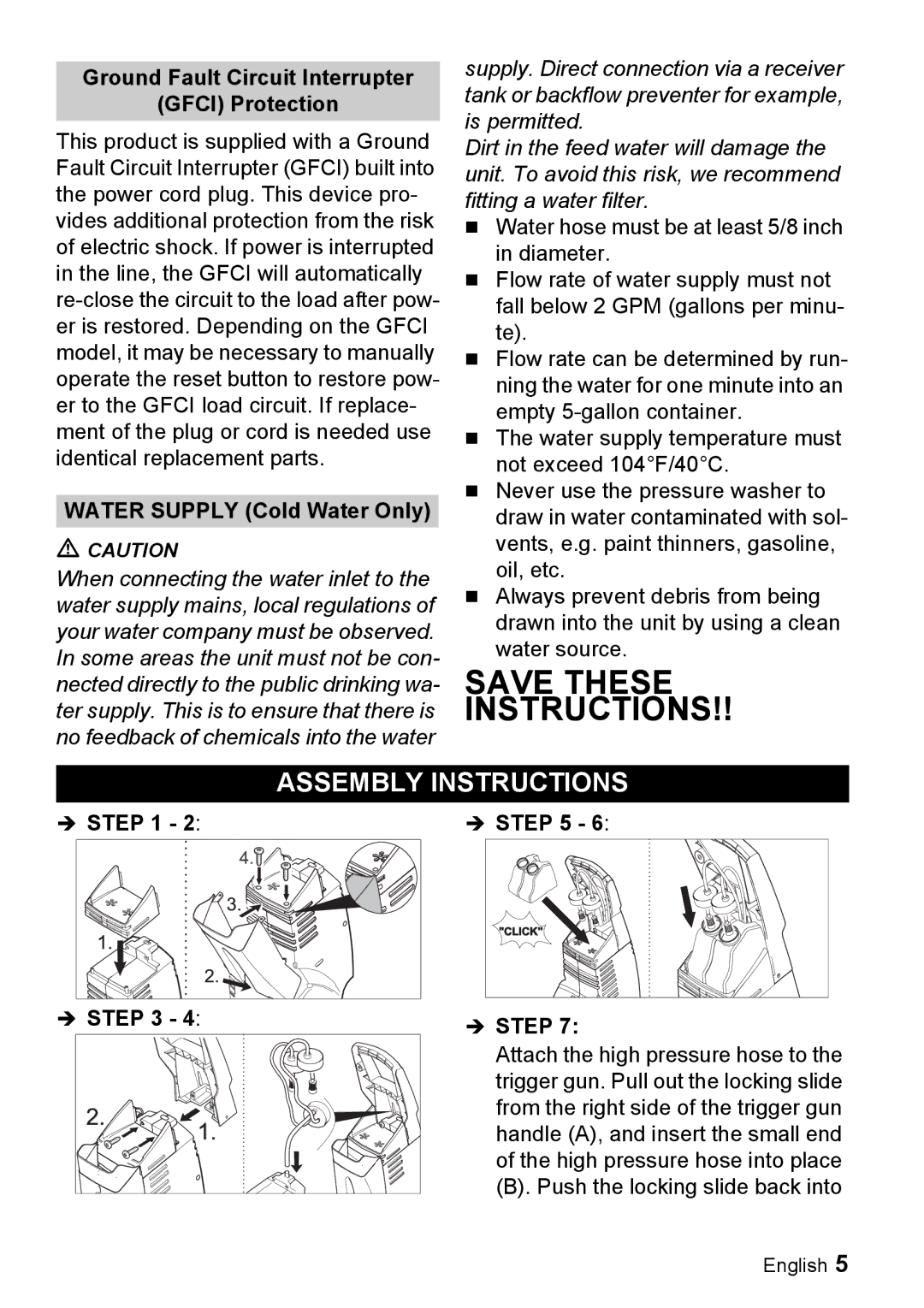 Karcher K 3.92 M Assembly Instructions, Ground Fault Circuit Interrupter Gfci Protection, Water Supply Cold Water Only 