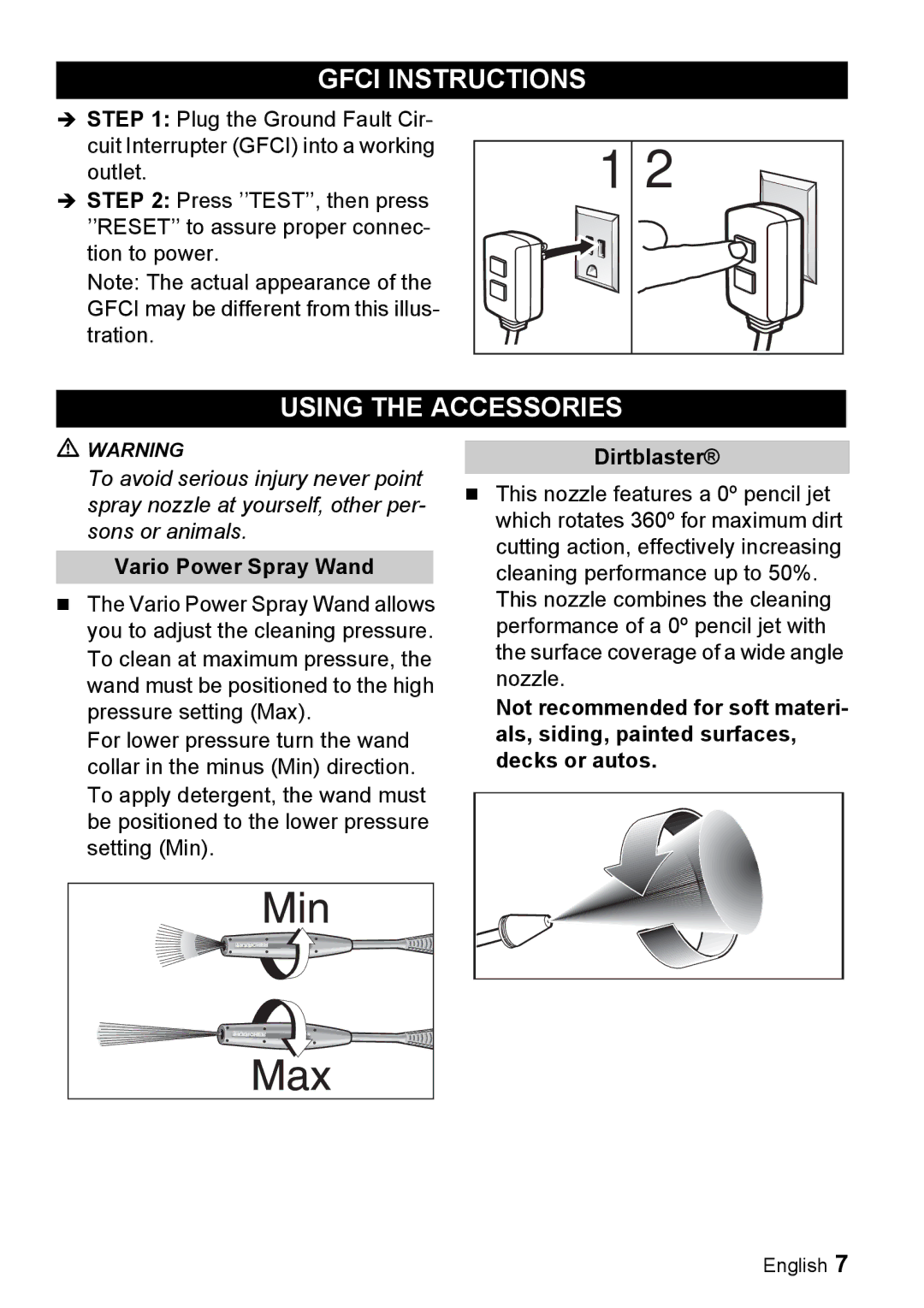 Karcher K 3.92 M manual Gfci Instructions, Using the Accessories, Vario Power Spray Wand, Dirtblaster 