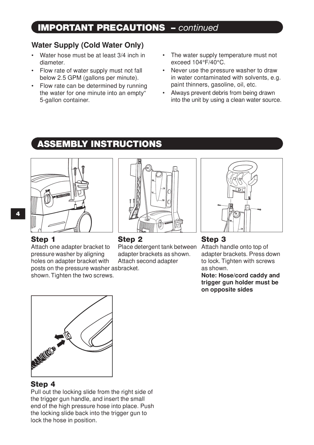 Karcher K 395 M specifications Important Precautions, Assembly Instructions, Water Supply Cold Water Only 