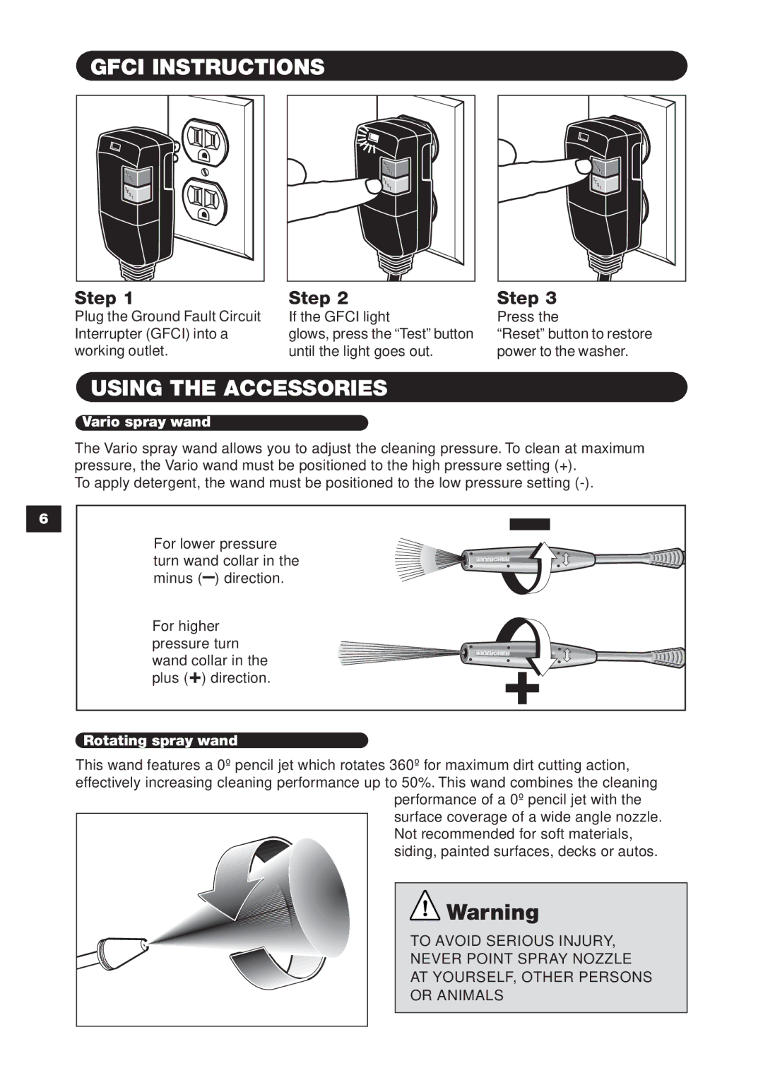 Karcher K 395 M specifications Gfci Instructions, Using the Accessories 