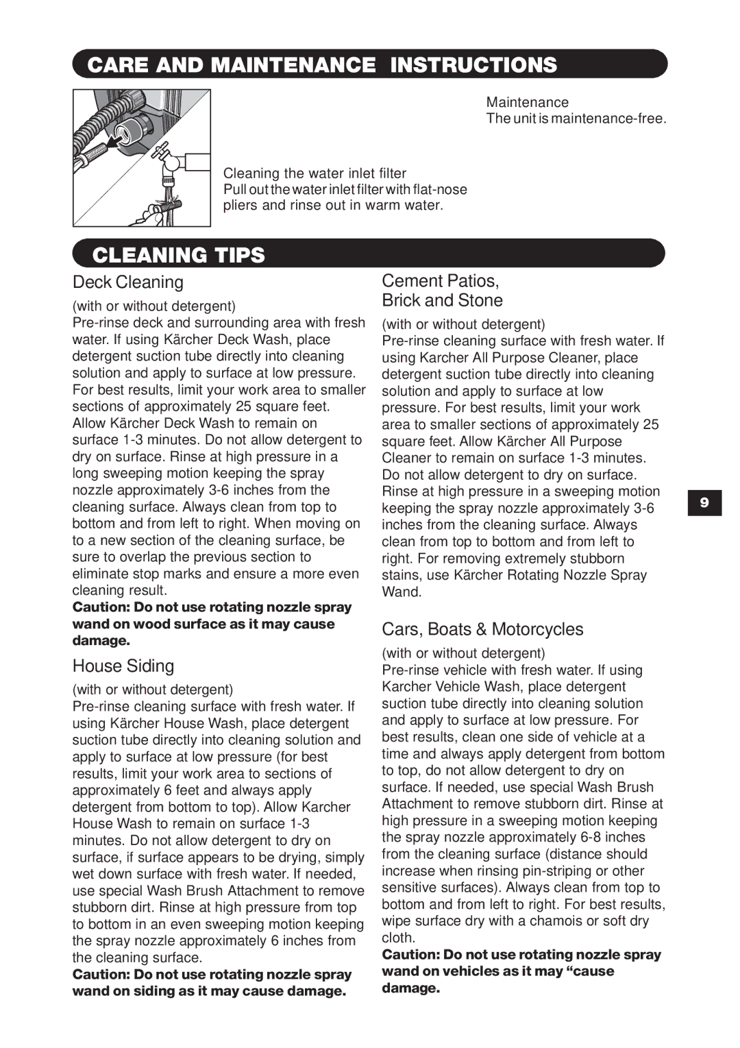 Karcher K 395 M specifications Care and Maintenance Instructions, Cleaning Tips 