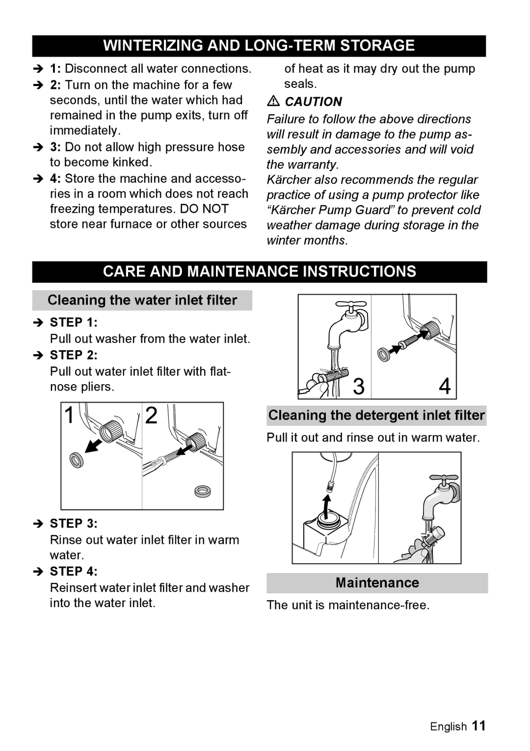 Karcher K 3.96 M Winterizing and LONG-TERM Storage, Care and Maintenance Instructions, Cleaning the water inlet filter 