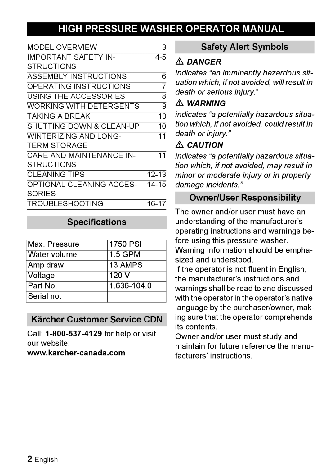 Karcher K 3.96 M High Pressure Washer Operator Manual, Specifications, Kärcher Customer Service CDN Safety Alert Symbols 