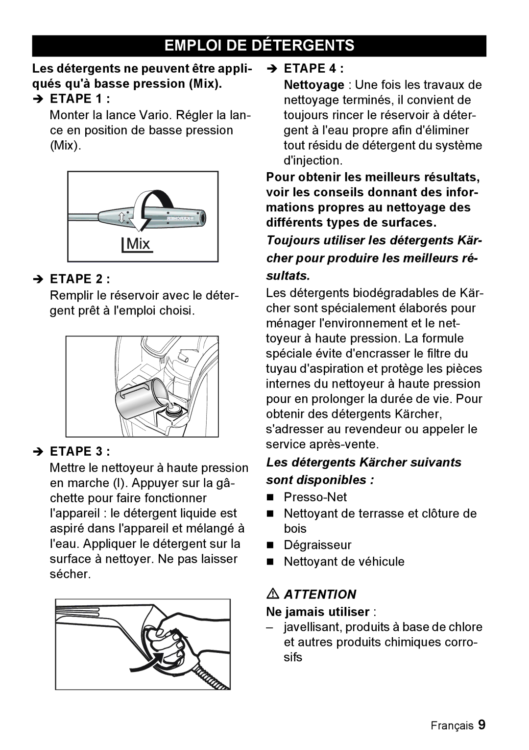 Karcher K 3.96 M manual Emploi DE Détergents, Les détergents Kärcher suivants sont disponibles 