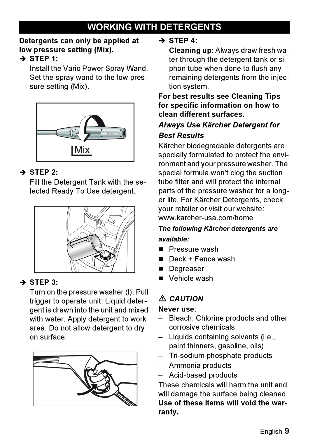 Karcher K 3.96 M manual Working with Detergents, Always Use Kärcher Detergent for Best Results 