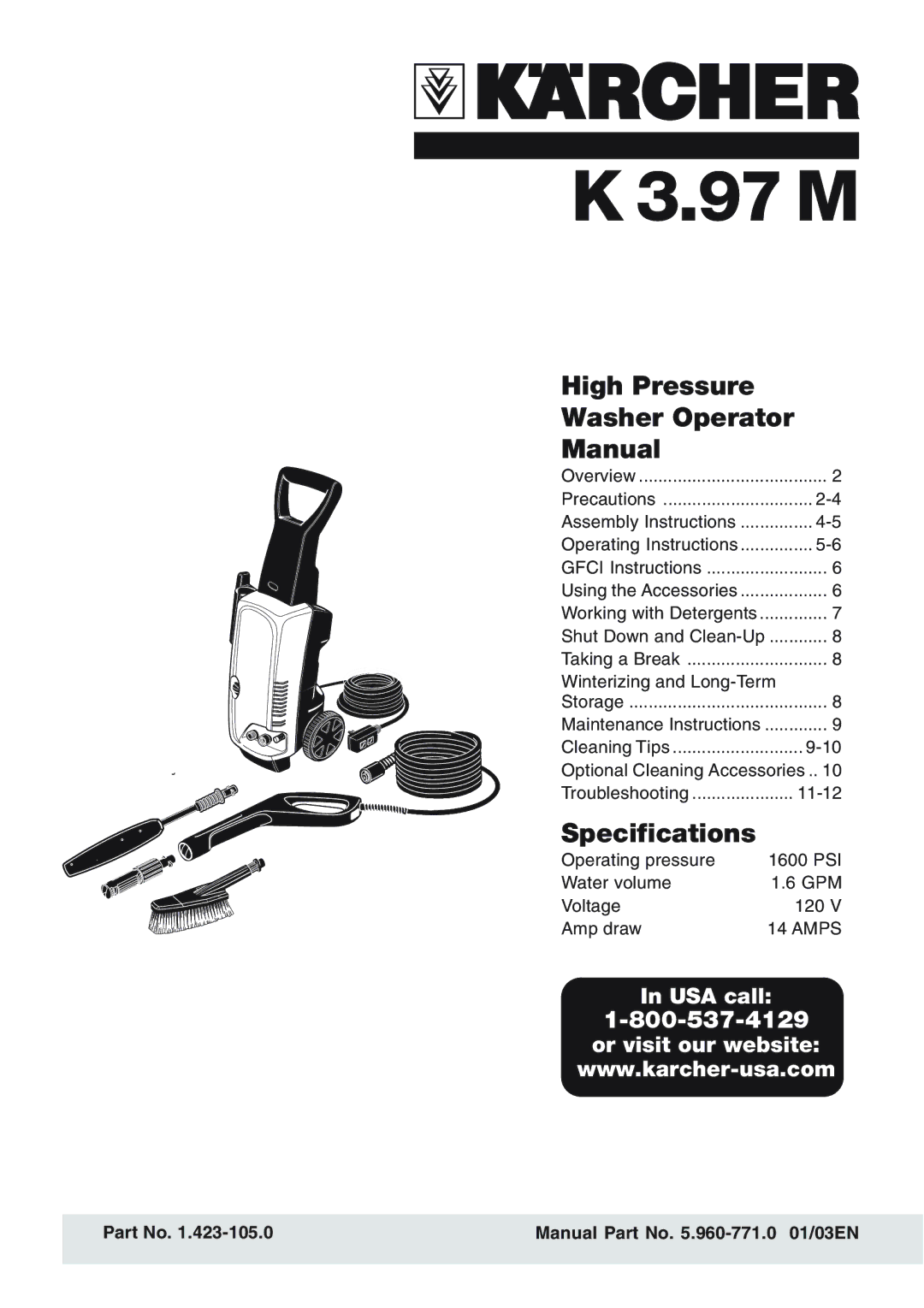 Karcher K 3.97 M specifications Manual Part No .960-771.0 01/03EN 