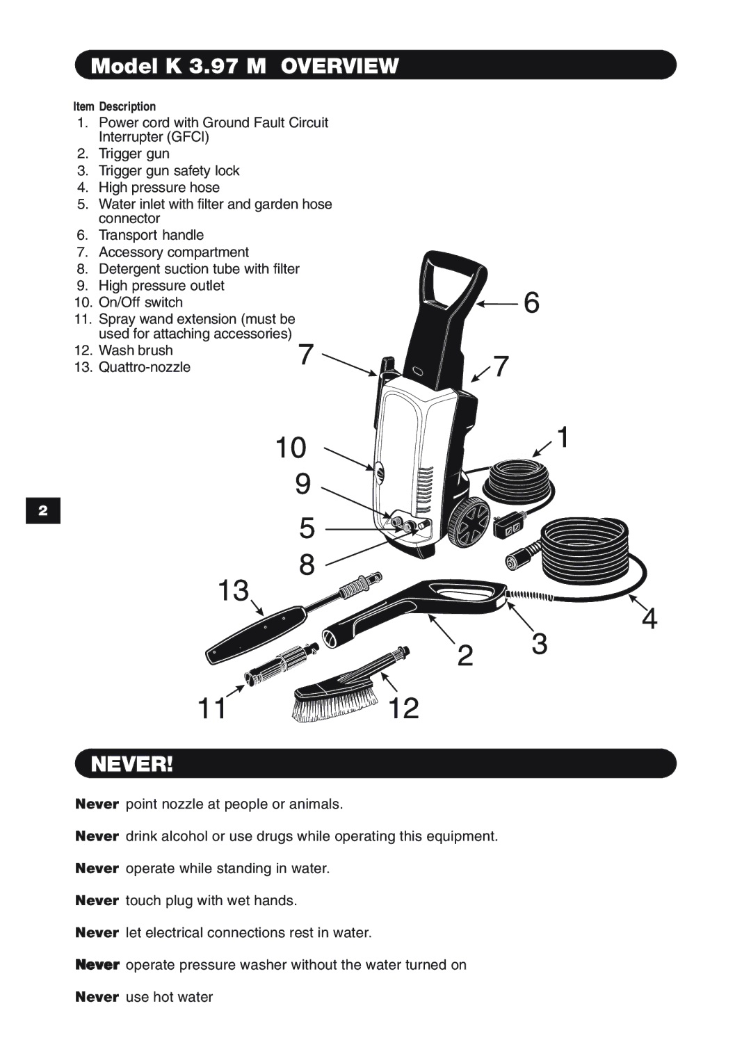 Karcher specifications Model K 3.97 M Overview, Never 