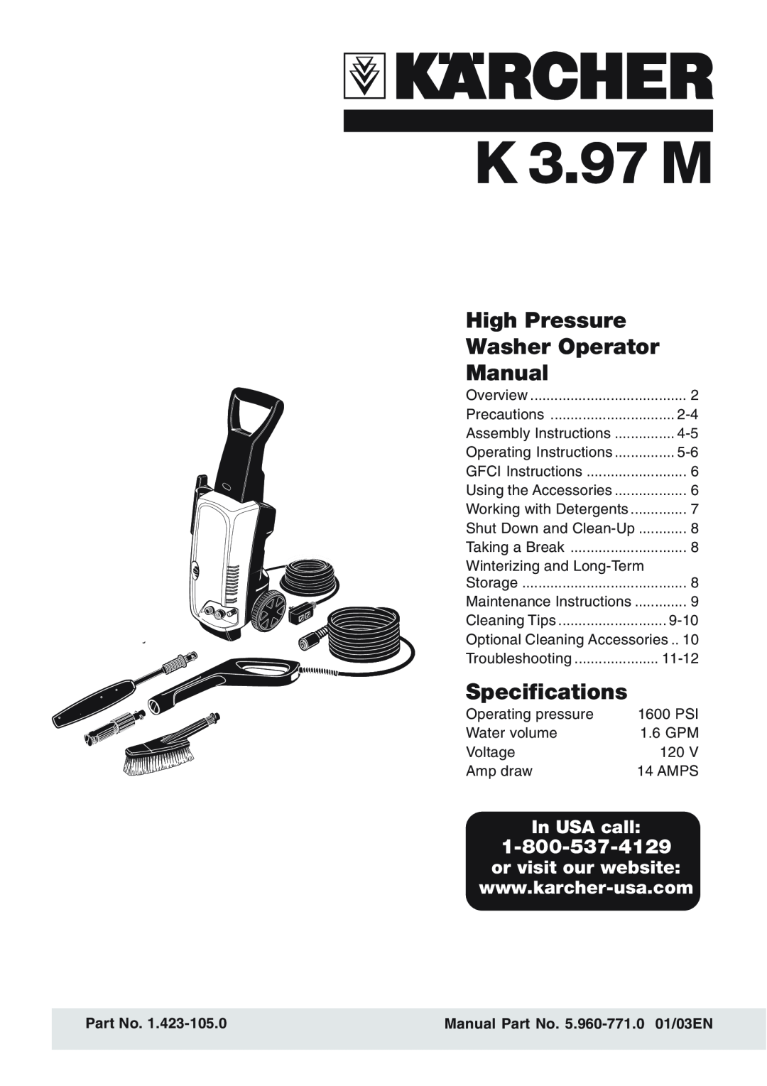 Karcher K 3.97 M specifications In USA call, or visit our website, Manual Part No. 5.960-771.0 01/03EN, High Pressure 