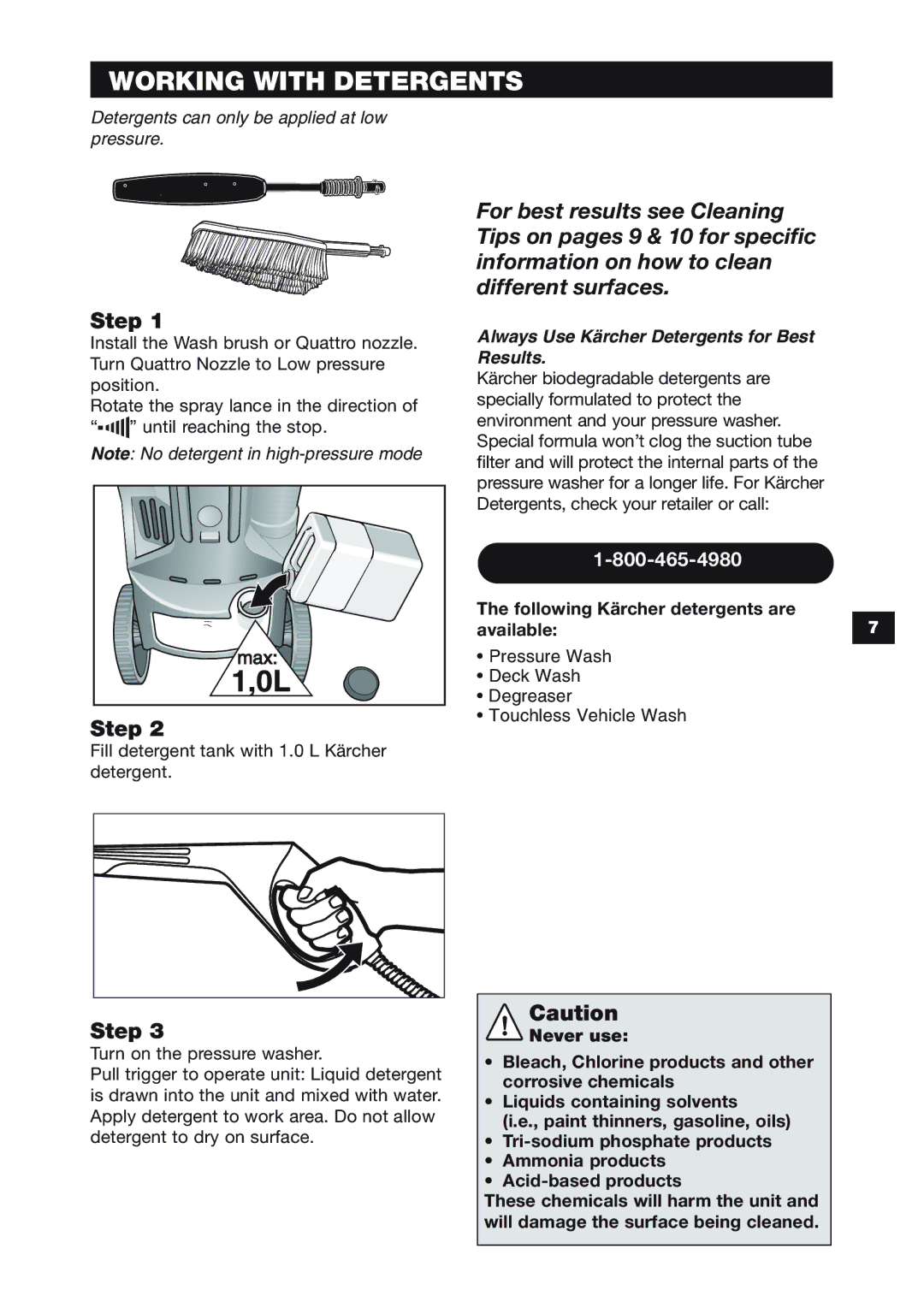 Karcher K 3.97M specifications Working with Detergents, Always Use Kärcher Detergents for Best Results 