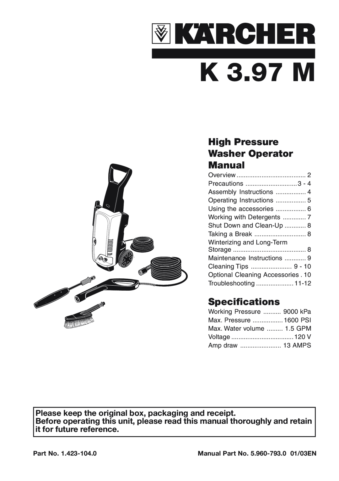 Karcher K 3.97M specifications High Pressure, Washer Operator, Manual, Specifications, K 3.97 M 
