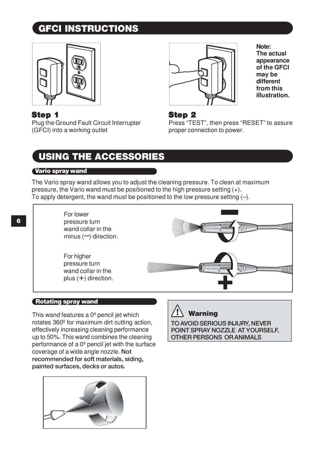 Karcher K 3.99 M specifications Gfci Instructions, Using the Accessories 